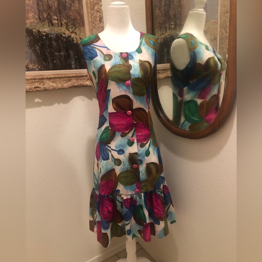 VINTAGE 70s Hawaiian Floral Tropical Ruffle Dress - Picture 5 of 8